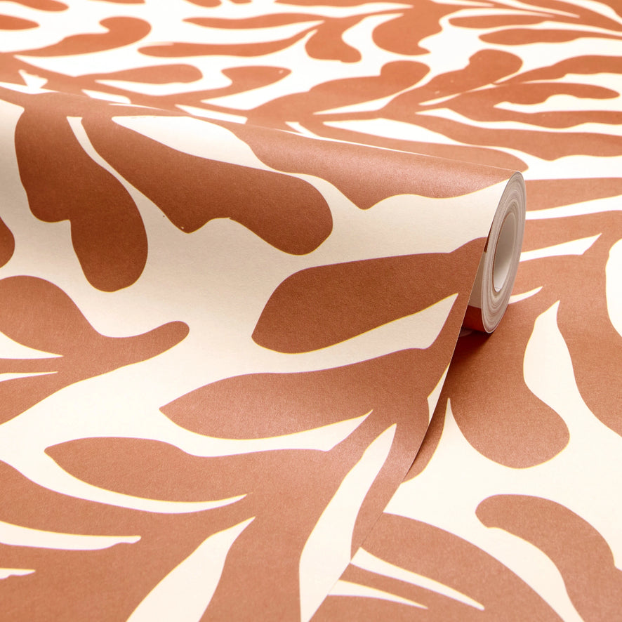 Coral Leaf Wallpaper in Terracotta on Cream