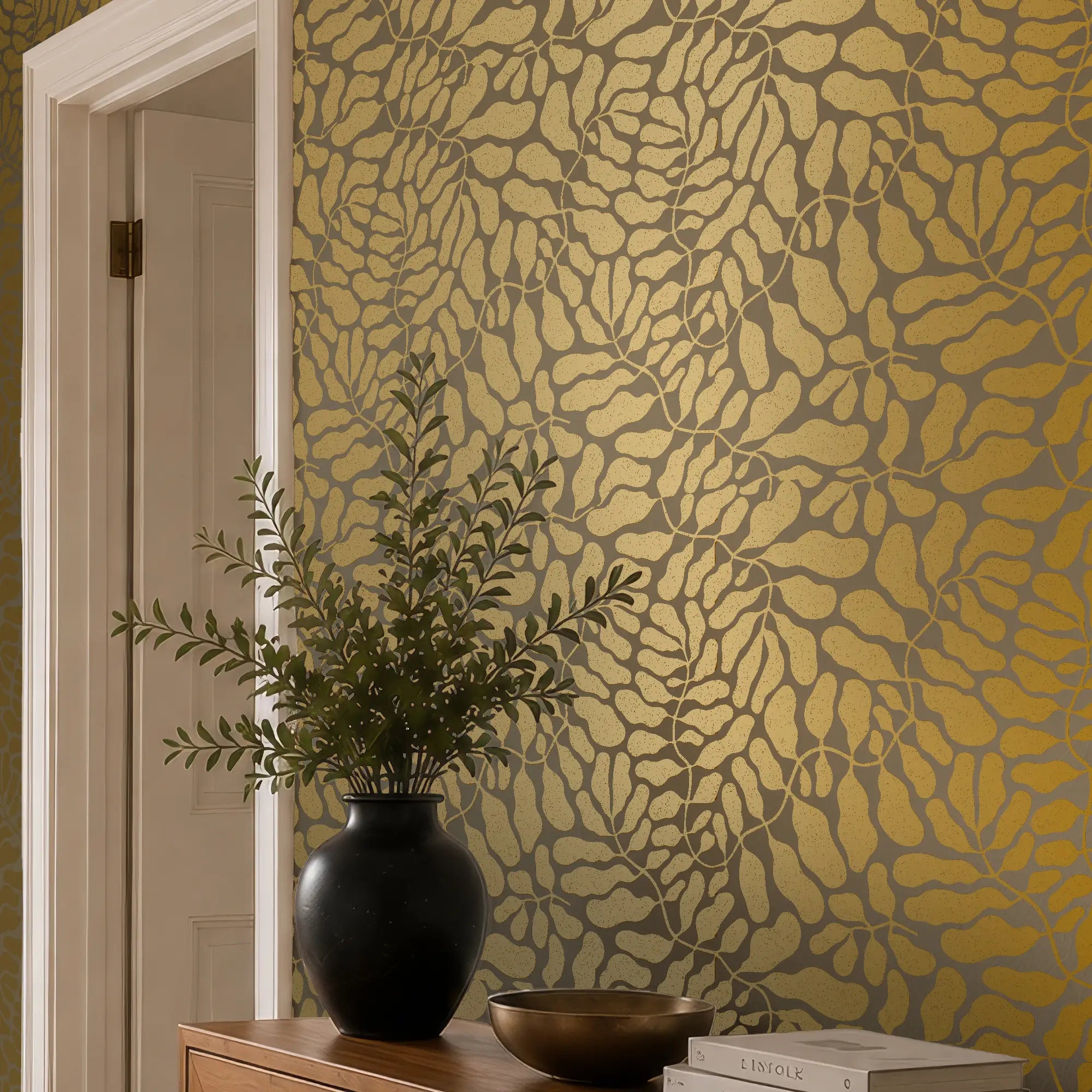 Coral Reef Wallpaper in Almond with Gold Foil