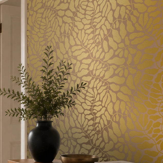 Coral Reef Wallpaper in Caramel with Gold Foil