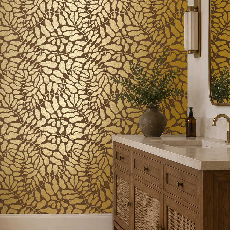 Coral Reef Wallpaper in Chocolate with Gold Foil