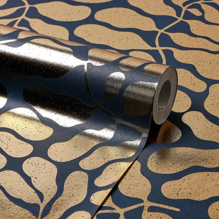 Coral Reef Wallpaper in Navy with Gold Foil