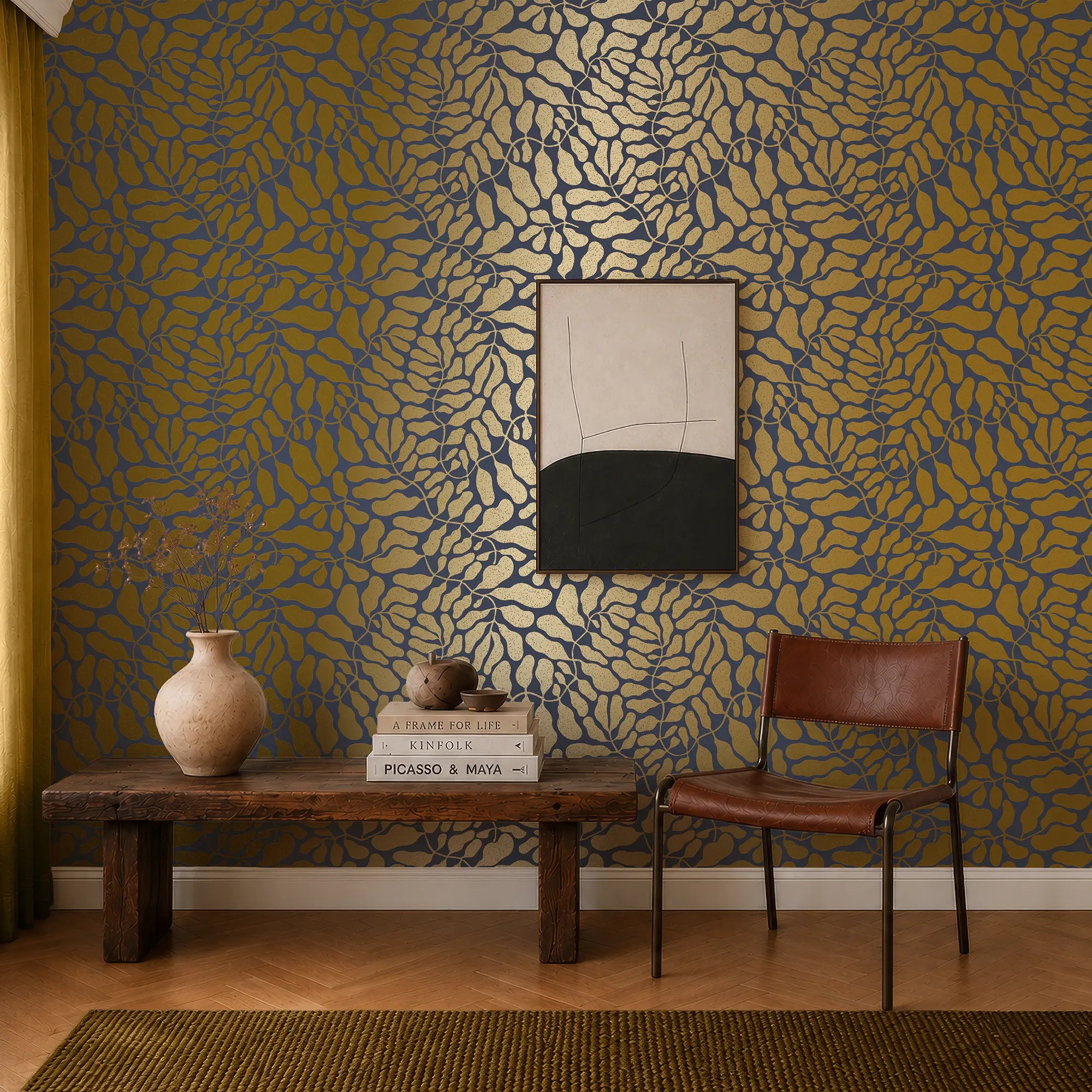 Coral Reef Wallpaper in Navy with Gold Foil