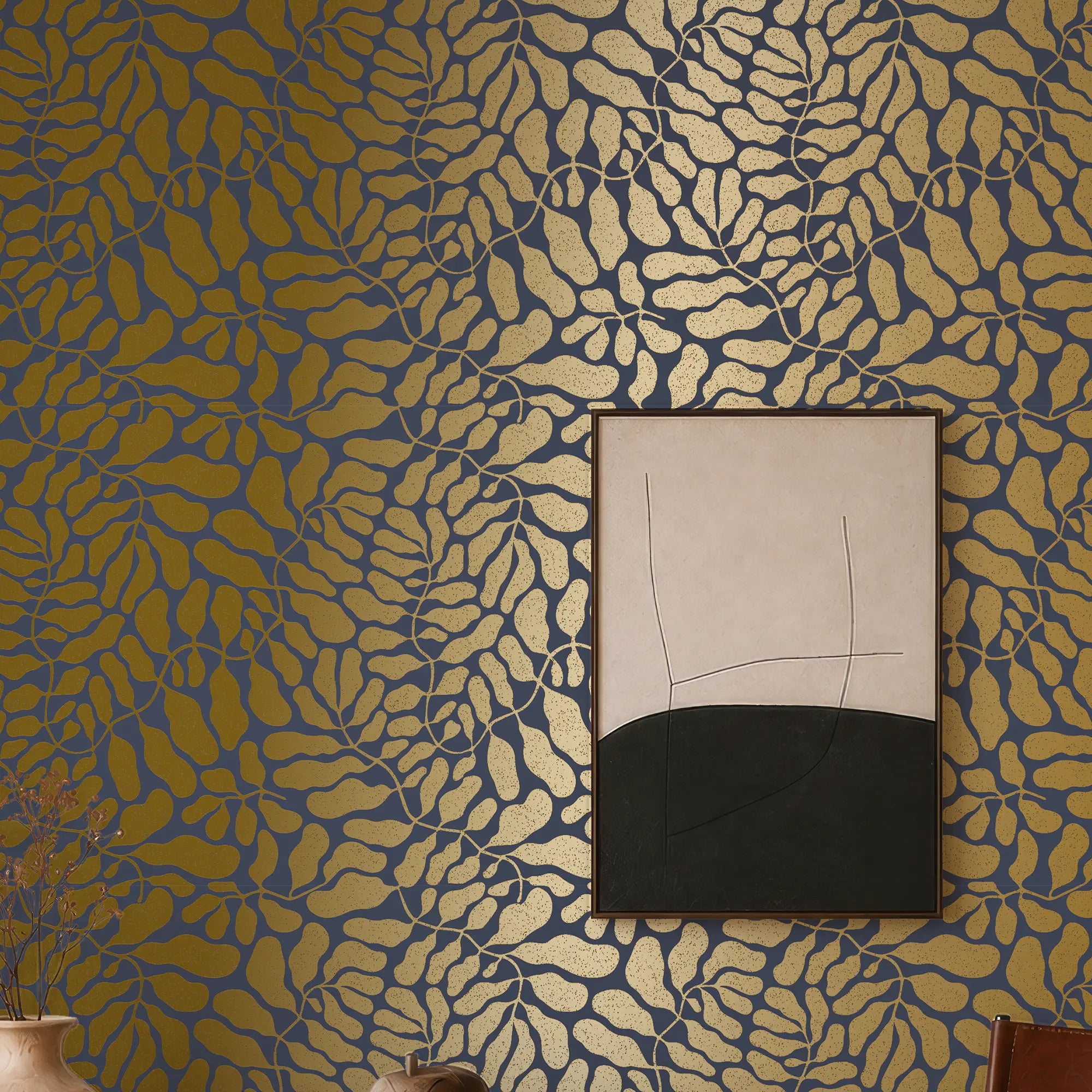 Coral Reef Wallpaper in Navy with Gold Foil