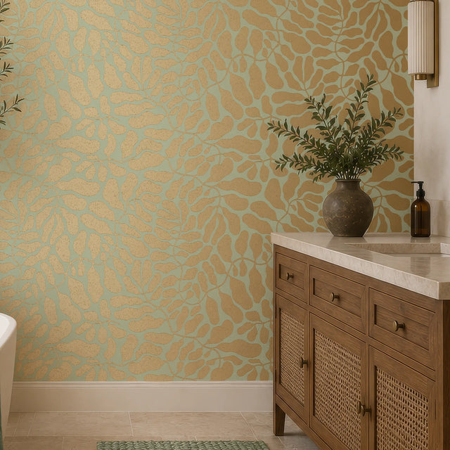 Coral Reef Wallpaper in Pale Green with Gold Foil