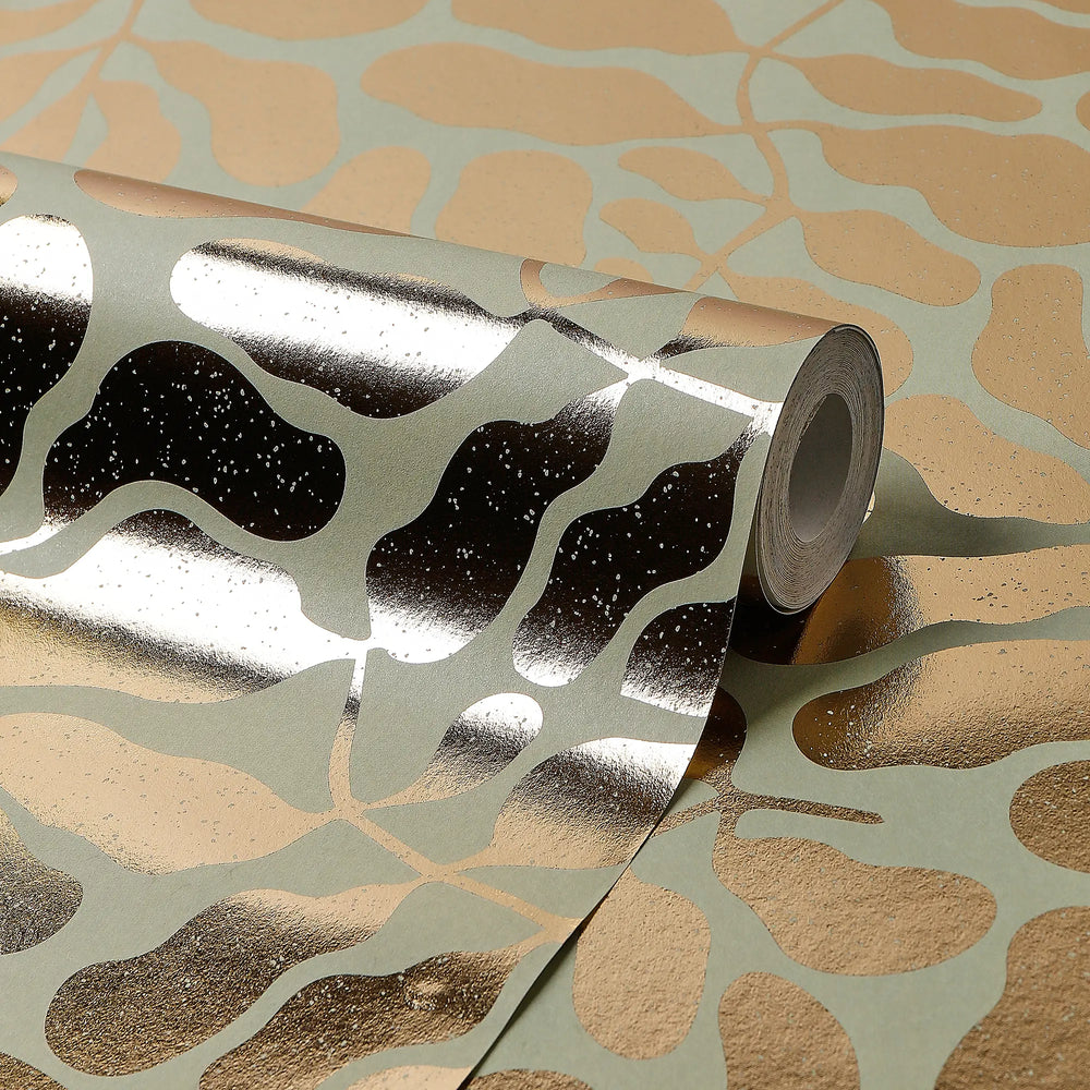 Coral Reef Wallpaper in Sage Green with Gold Foil