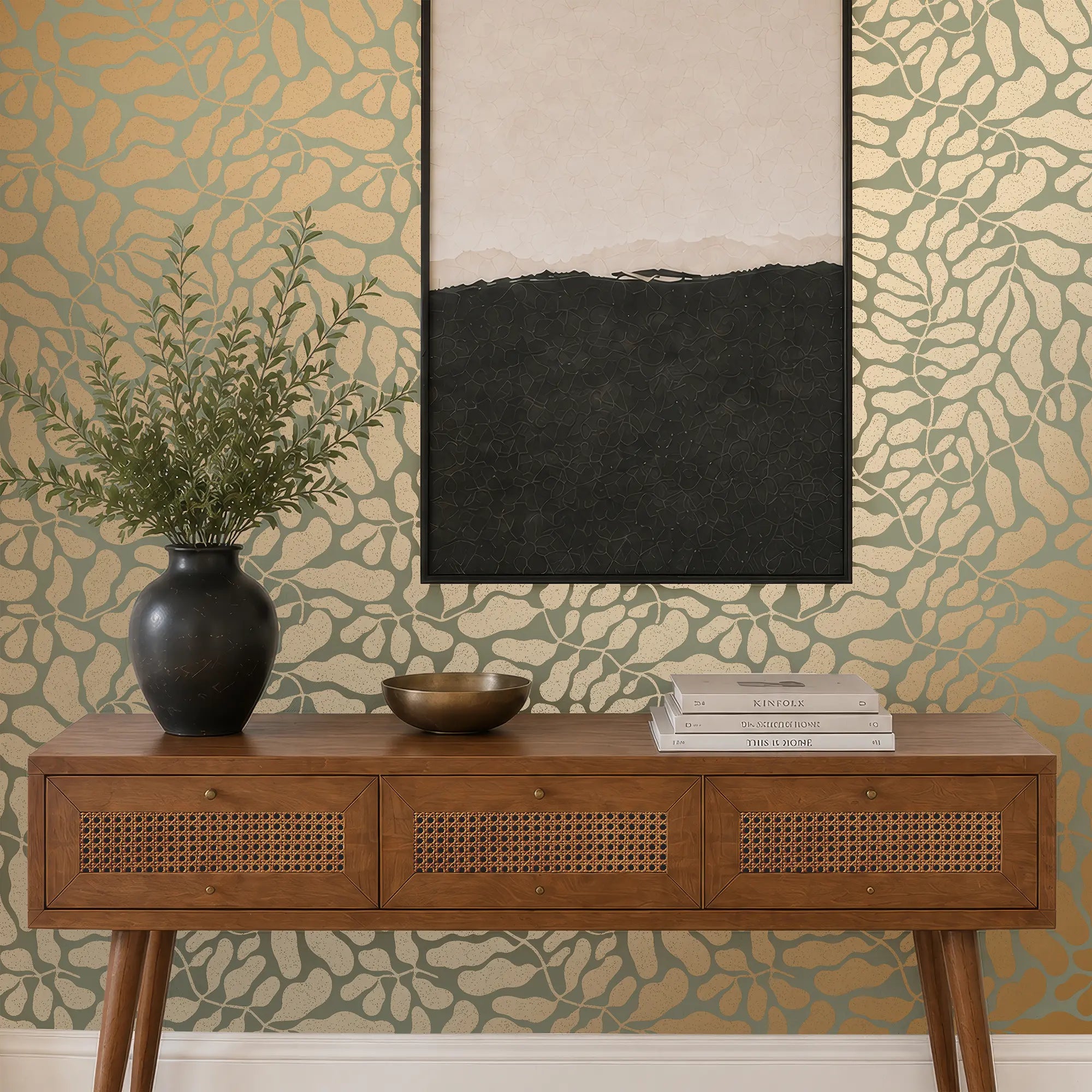 Coral Reef Wallpaper in Sage Green with Gold Foil
