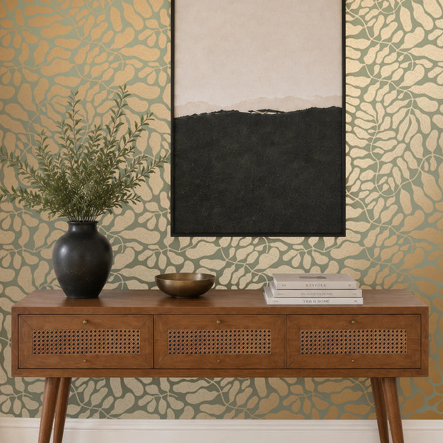 Coral Reef Wallpaper in Sage Green with Gold Foil