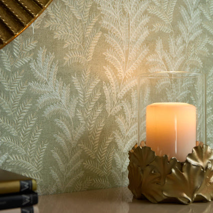 Darjeeling Leaf Metallic Wallpaper in Sage Green and Ivory with Gold Sparkle