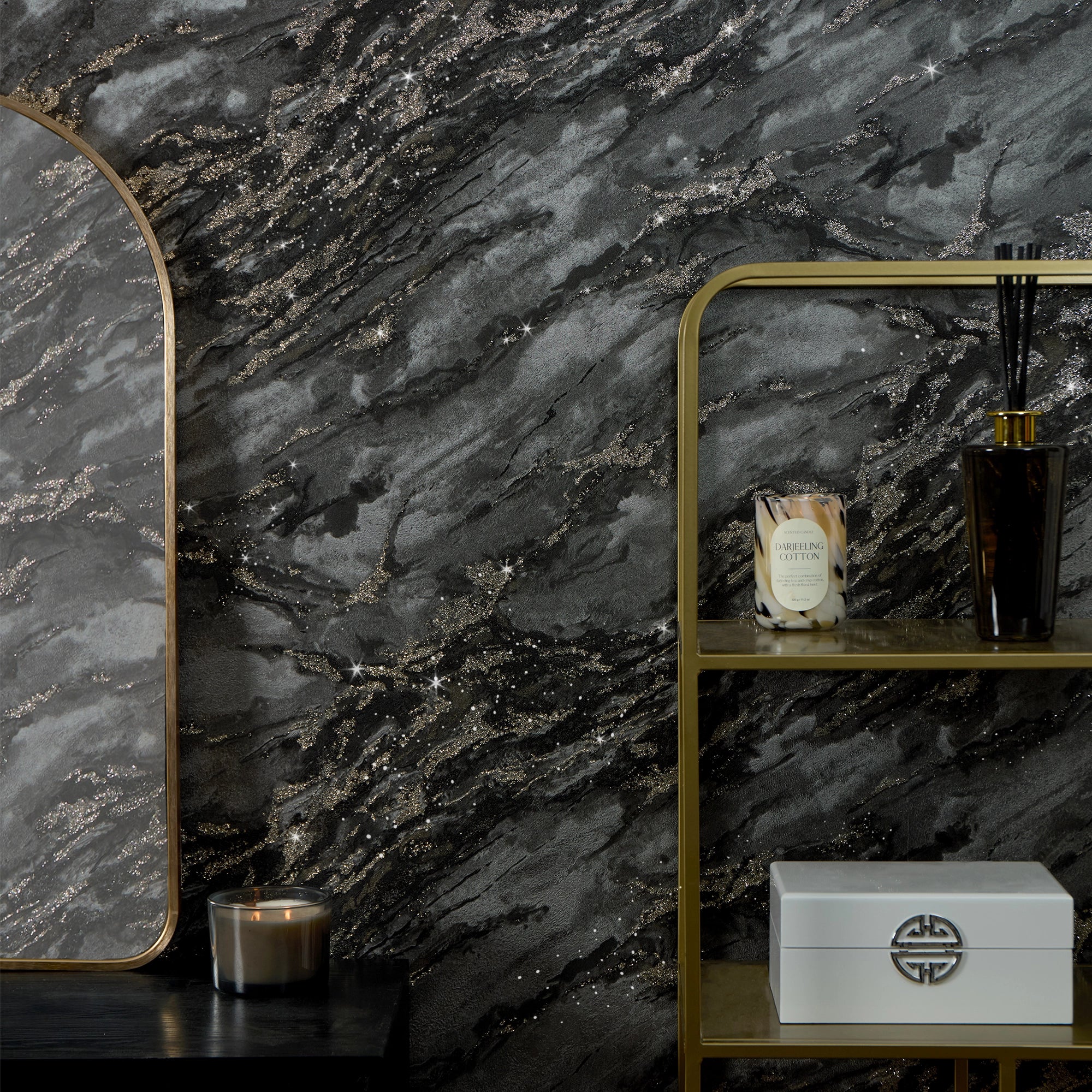 Decadence Wallpaper in Charcoal and Black with Gold Glitter