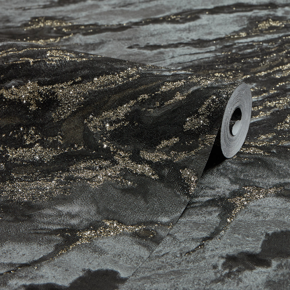 Decadence Wallpaper in Charcoal and Black with Gold Glitter