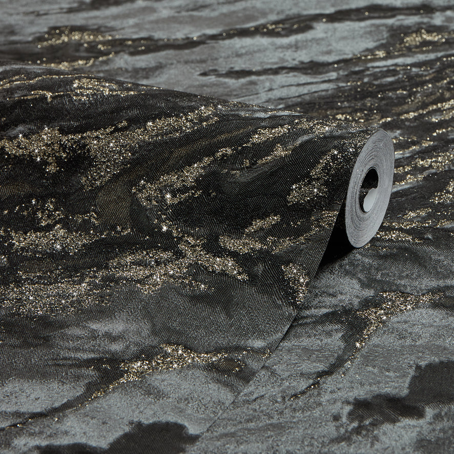 Decadence Wallpaper in Charcoal and Black with Gold Glitter