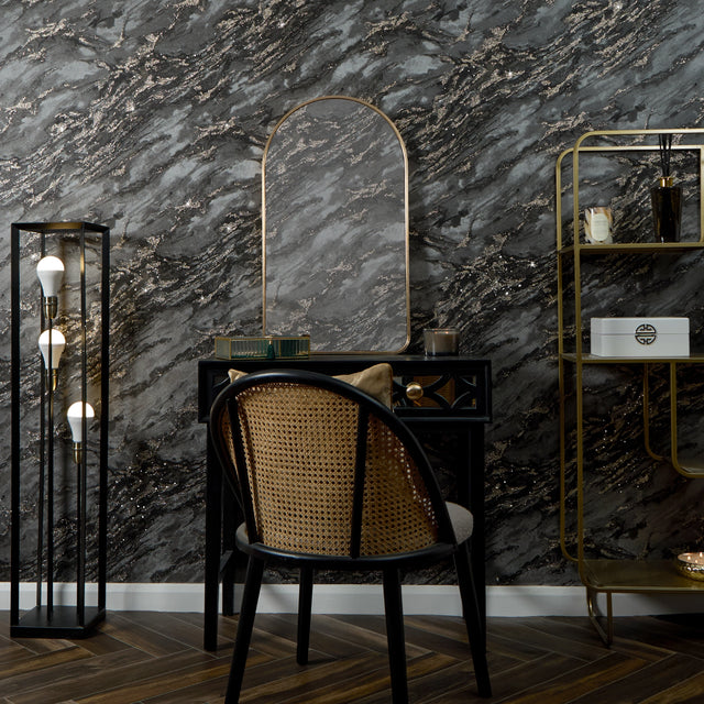 Decadence Wallpaper in Charcoal and Black with Gold Glitter