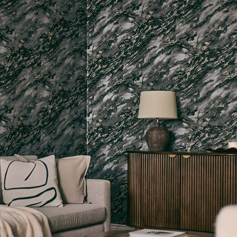 Decadence Wallpaper in Charcoal and Black with Gold Glitter