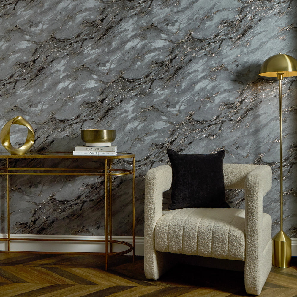 Decadence Wallpaper in Grey and Charcoal with Gold Glitter