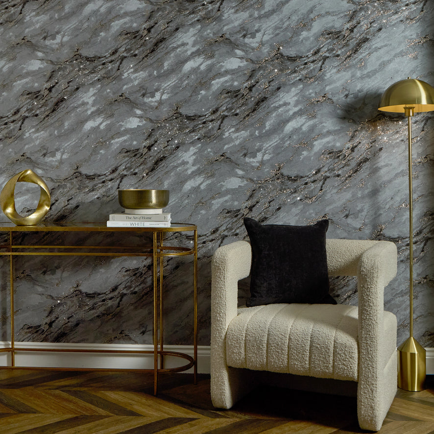 Decadence Wallpaper in Grey and Charcoal with Gold Glitter