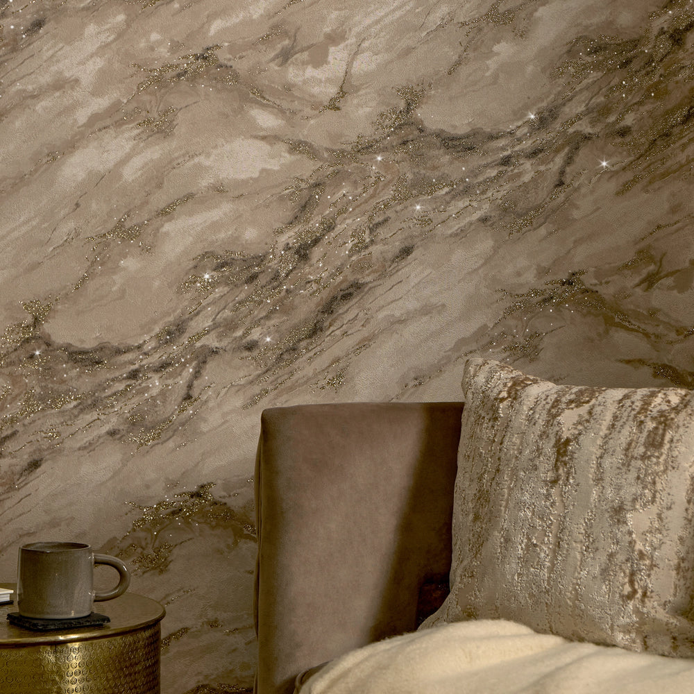 Decadence Wallpaper in Latte with Gold Glitter