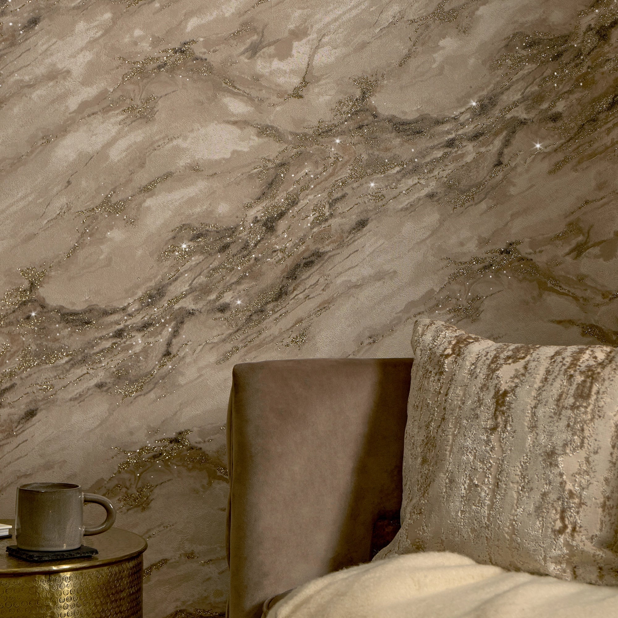 Decadence Wallpaper in Latte with Gold Glitter