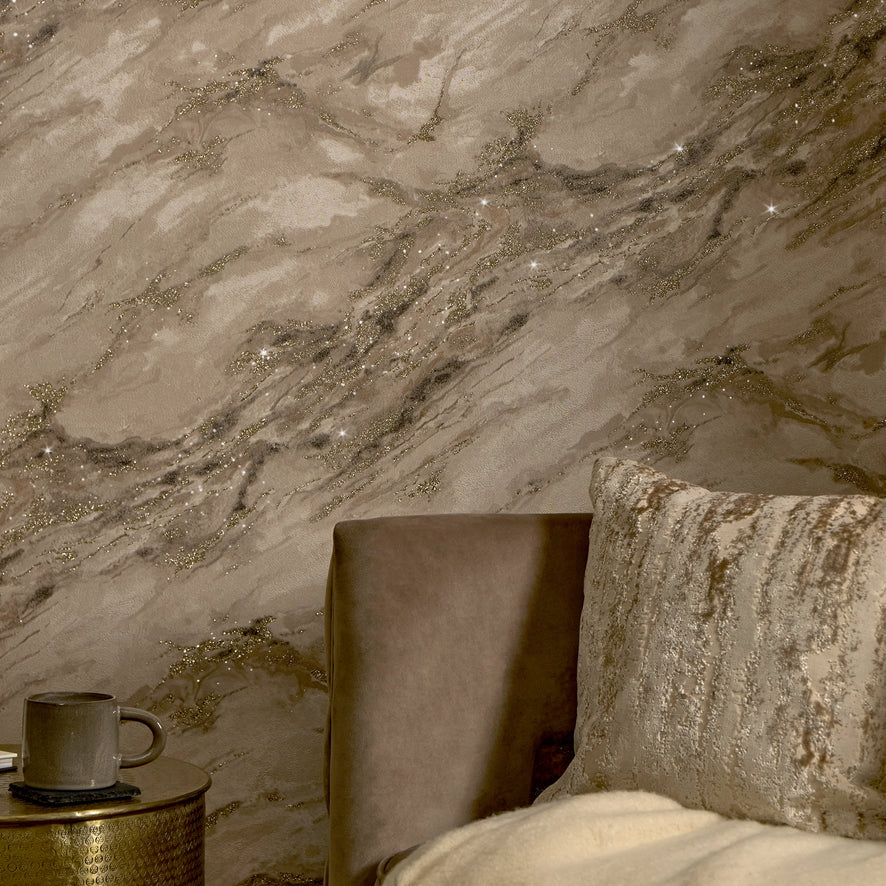 Decadence Wallpaper in Latte with Gold Glitter