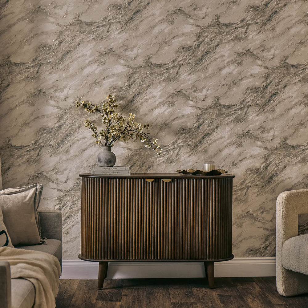 Decadence Wallpaper in Latte with Gold Glitter
