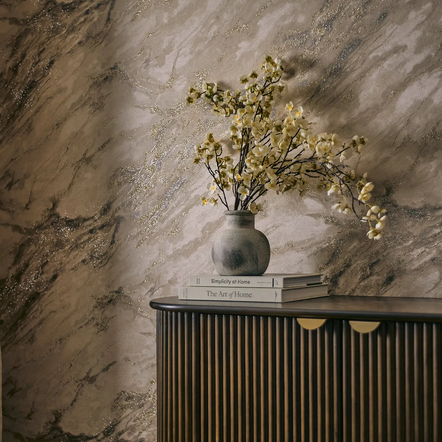 Decadence Wallpaper in Latte with Gold Glitter