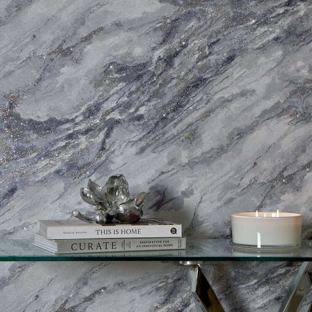 Decadence Wallpaper in Light Grey and Blue Grey with Silver Glitter