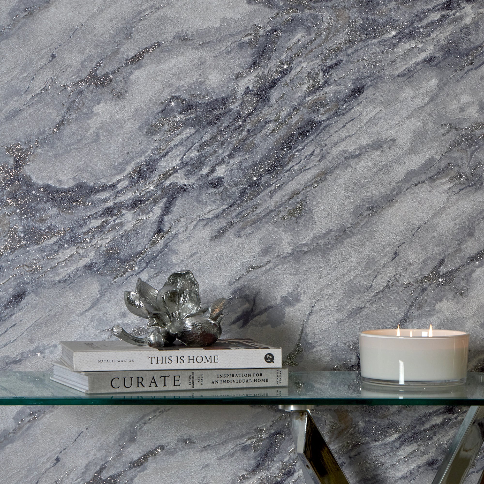 Decadence Wallpaper in Light Grey and Blue Grey with Silver Glitter