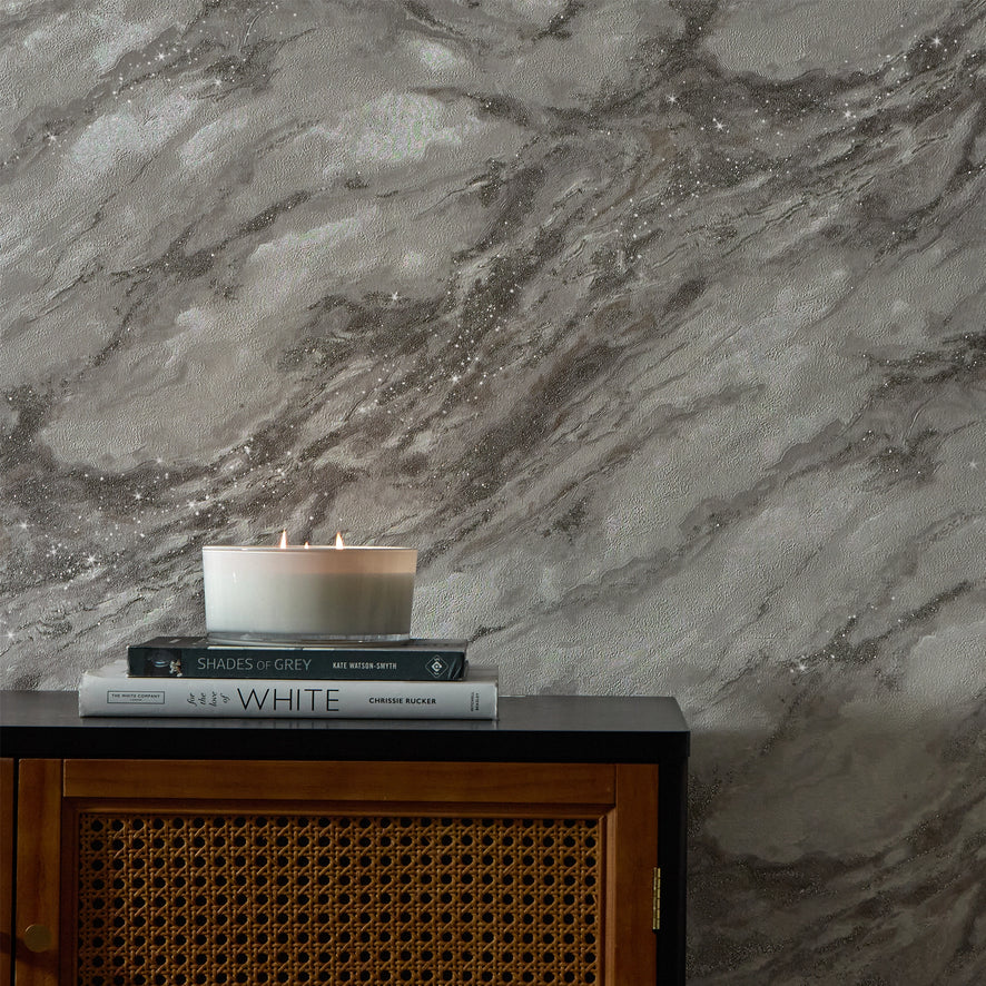 Decadence Wallpaper in Light Grey and Grey with Silver Glitter