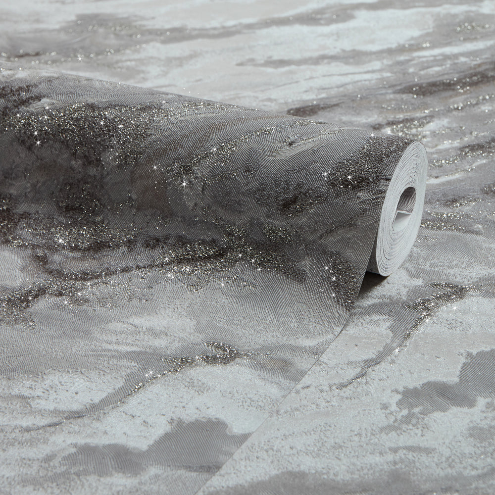 Decadence Wallpaper in Light Grey and Grey with Silver Glitter