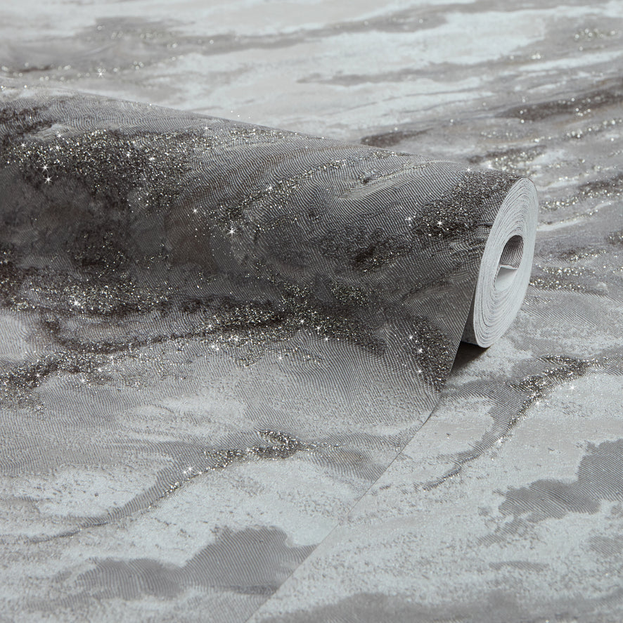 Decadence Wallpaper in Light Grey and Grey with Silver Glitter