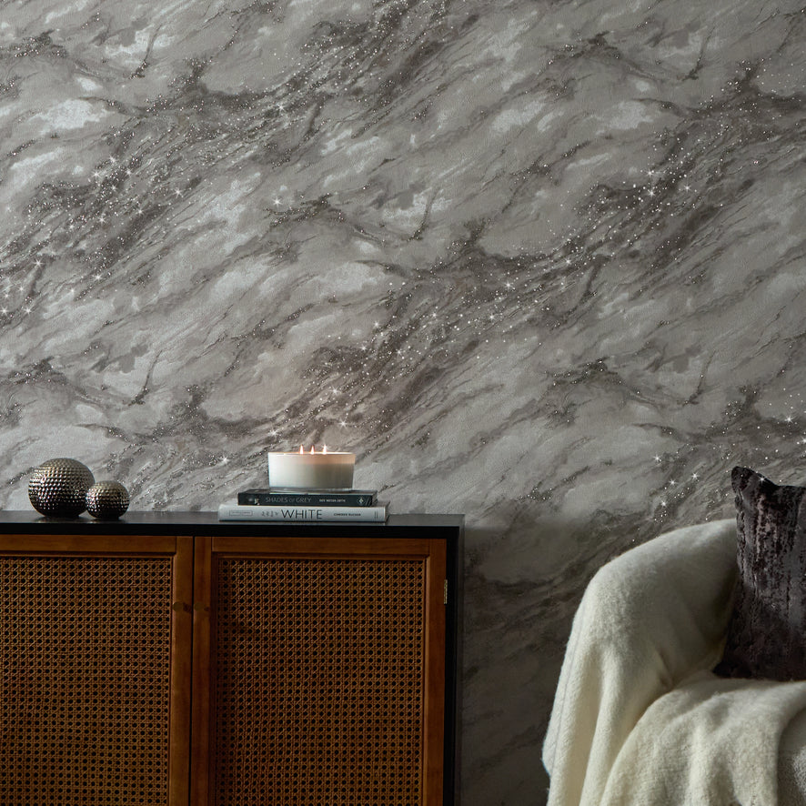 Decadence Wallpaper in Light Grey and Grey with Silver Glitter