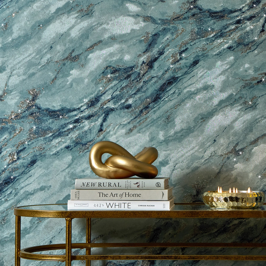 Decadence Wallpaper in Teal and Blue with Gold Glitter