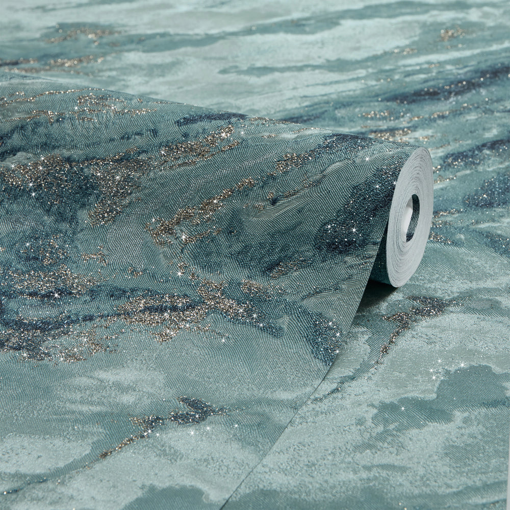 Decadence Wallpaper in Teal and Blue with Gold Glitter