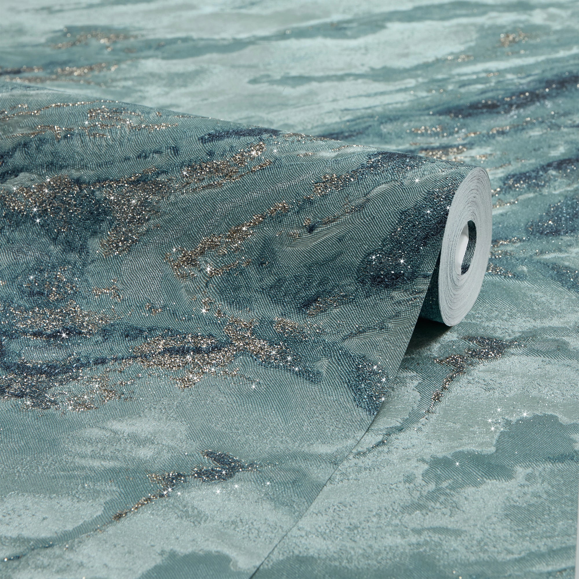 Decadence Wallpaper in Teal and Blue with Gold Glitter