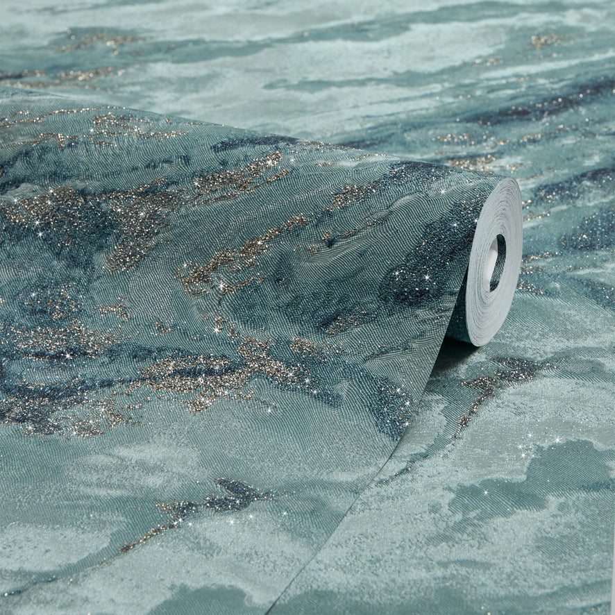 Decadence Wallpaper in Teal and Blue with Gold Glitter