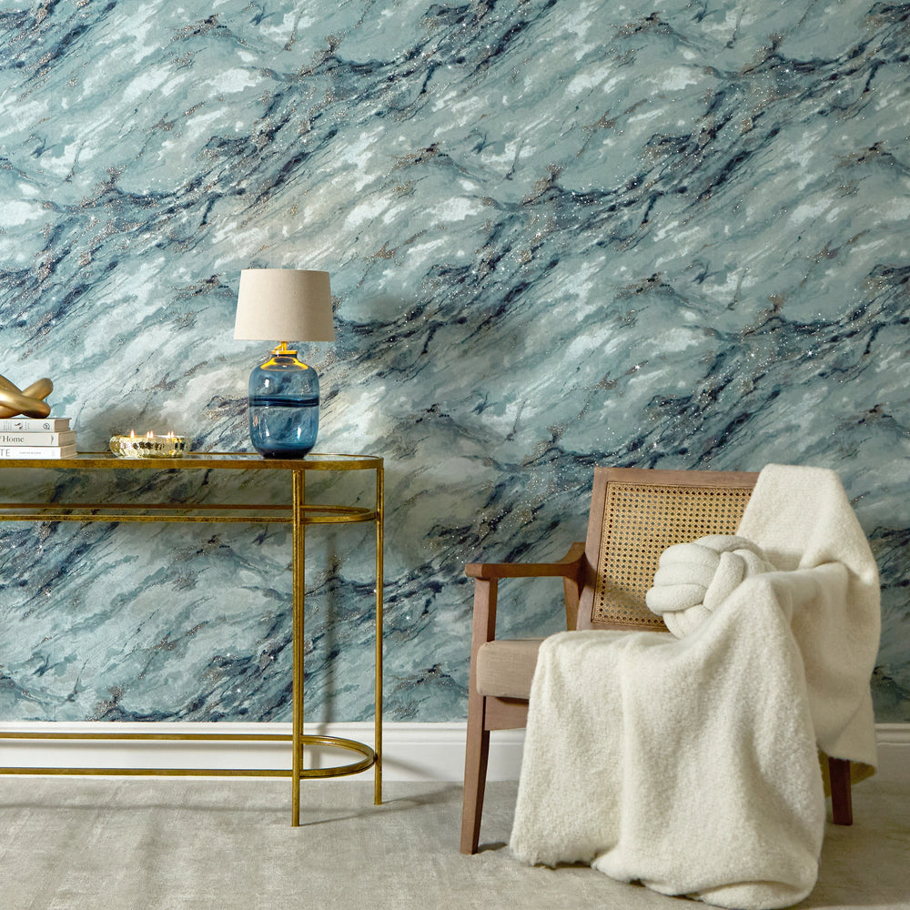 Decadence Wallpaper in Teal and Blue with Gold Glitter
