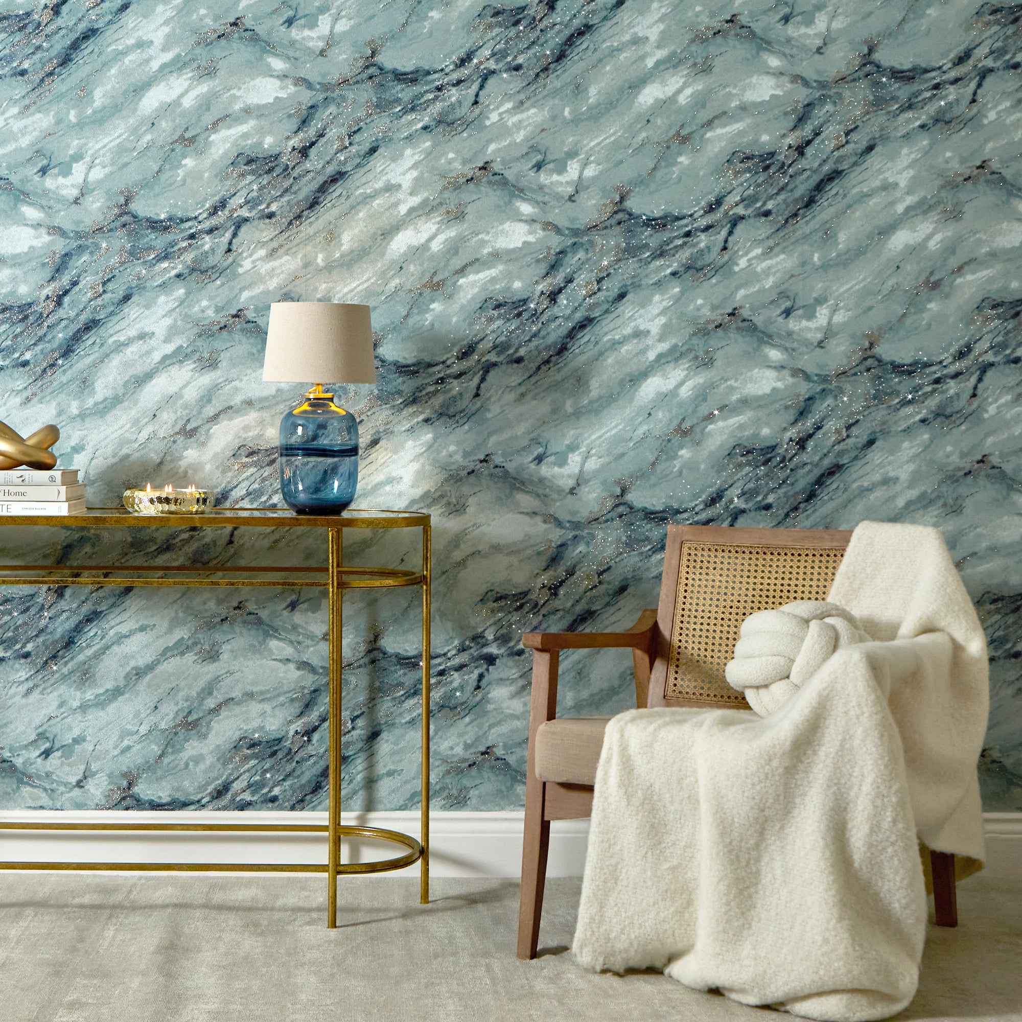 Decadence Wallpaper in Teal and Blue with Gold Glitter