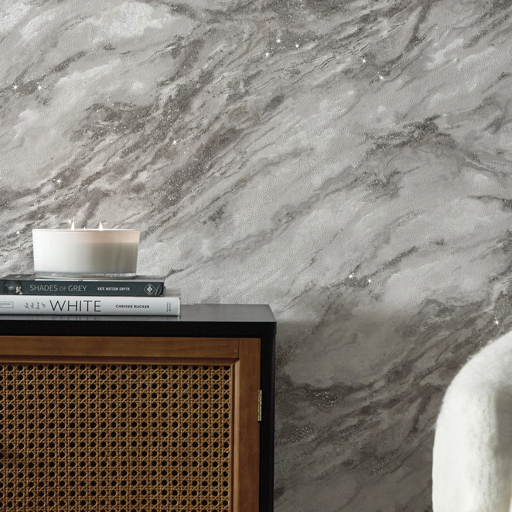 Decadence Wallpaper in White and Grey with Silver Glitter