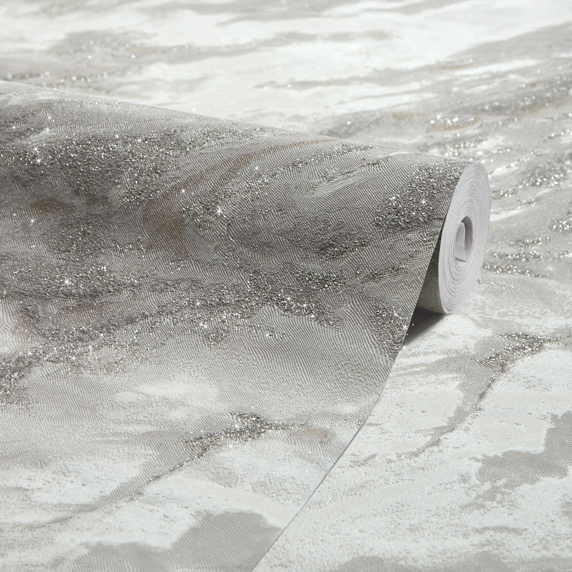 Decadence Wallpaper in White and Grey with Silver Glitter