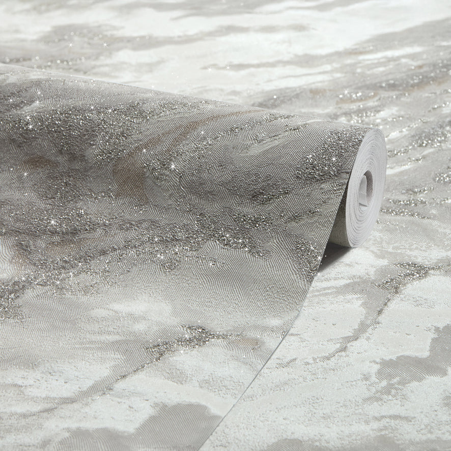 Decadence Wallpaper in White and Grey with Silver Glitter