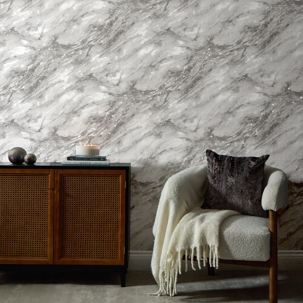 Decadence Wallpaper in White and Grey with Silver Glitter