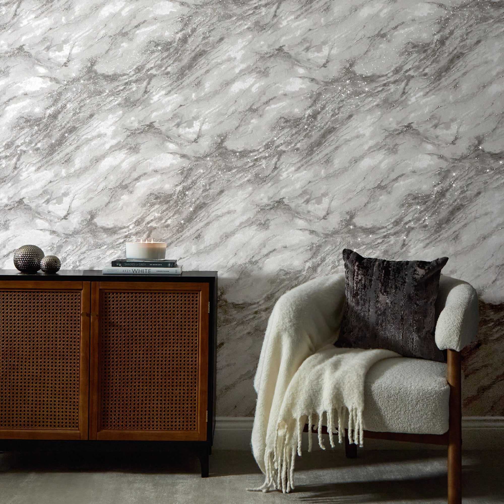 Decadence Wallpaper in White and Grey with Silver Glitter