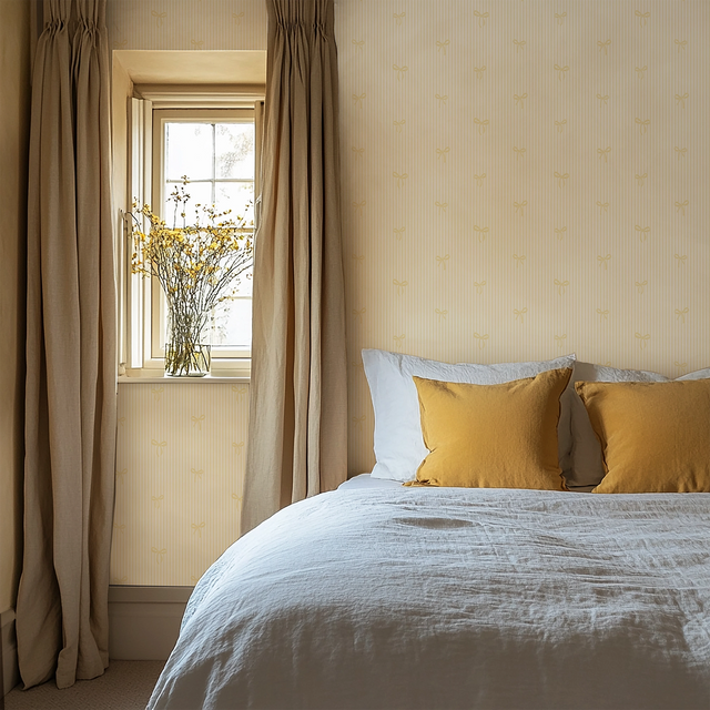 Delicate Bows on Pinstripe Wallpaper in Lemon