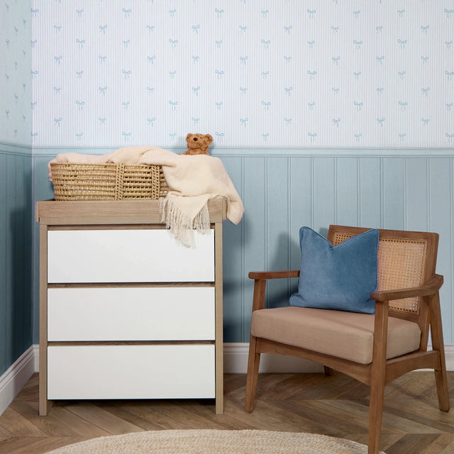 Delicate Bows on Pinstripe Panel Wallpaper in Blue with Blue Panel