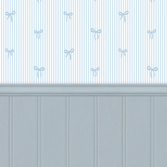 Delicate Bows on Pinstripe Panel Wallpaper in Blue with Blue Panel