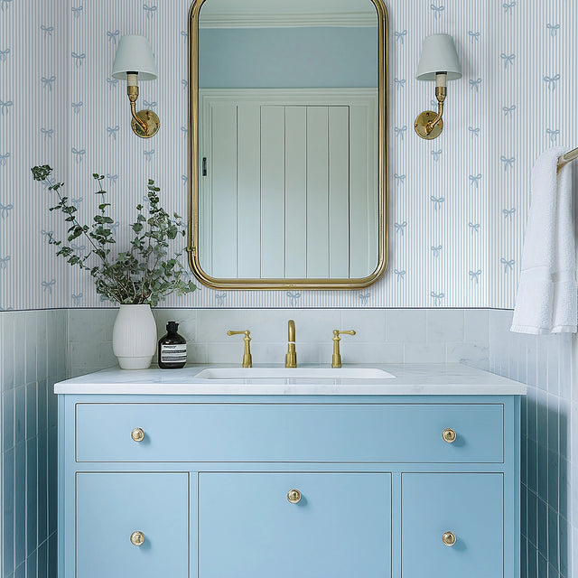 Delicate Bows on Pinstripe Wallpaper in Blue