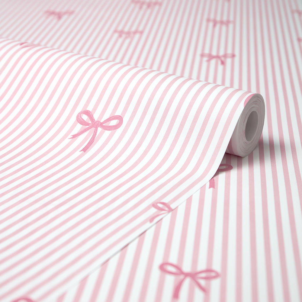 Delicate Bows on Pinstripe Wallpaper in Pink