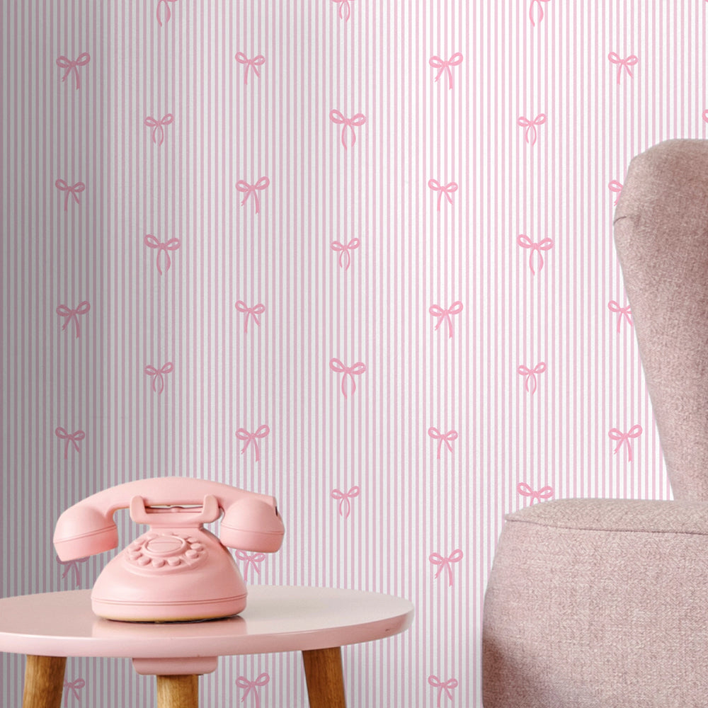 Delicate Bows on Pinstripe Wallpaper in Pink