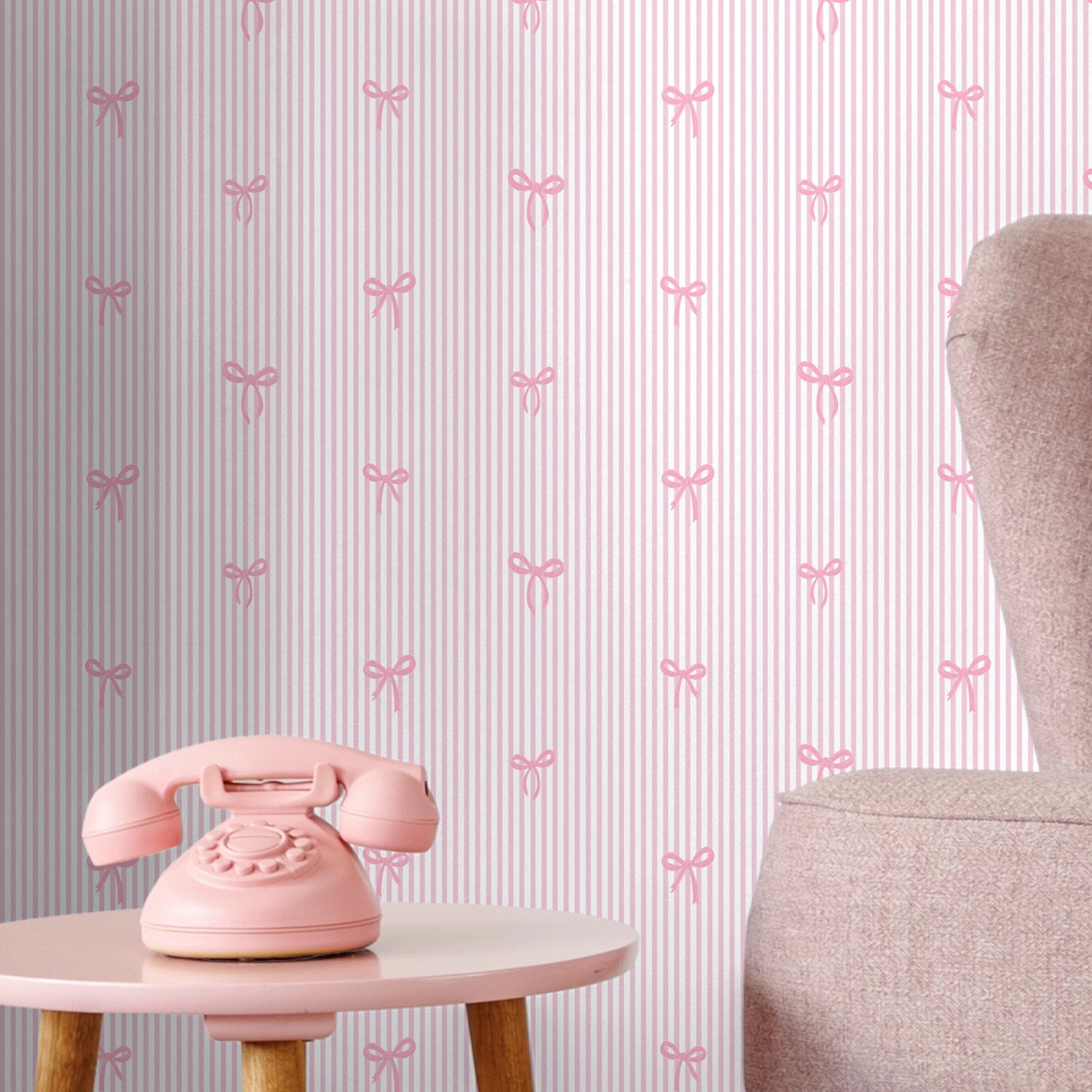 Delicate Bows on Pinstripe Wallpaper in Pink