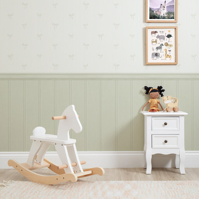 Delicate Bows on Pinstripe Panel Wallpaper in Mint Green with Green Panel