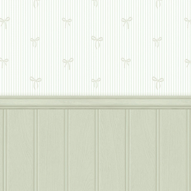 Delicate Bows on Pinstripe Panel Wallpaper in Mint Green with Green Panel